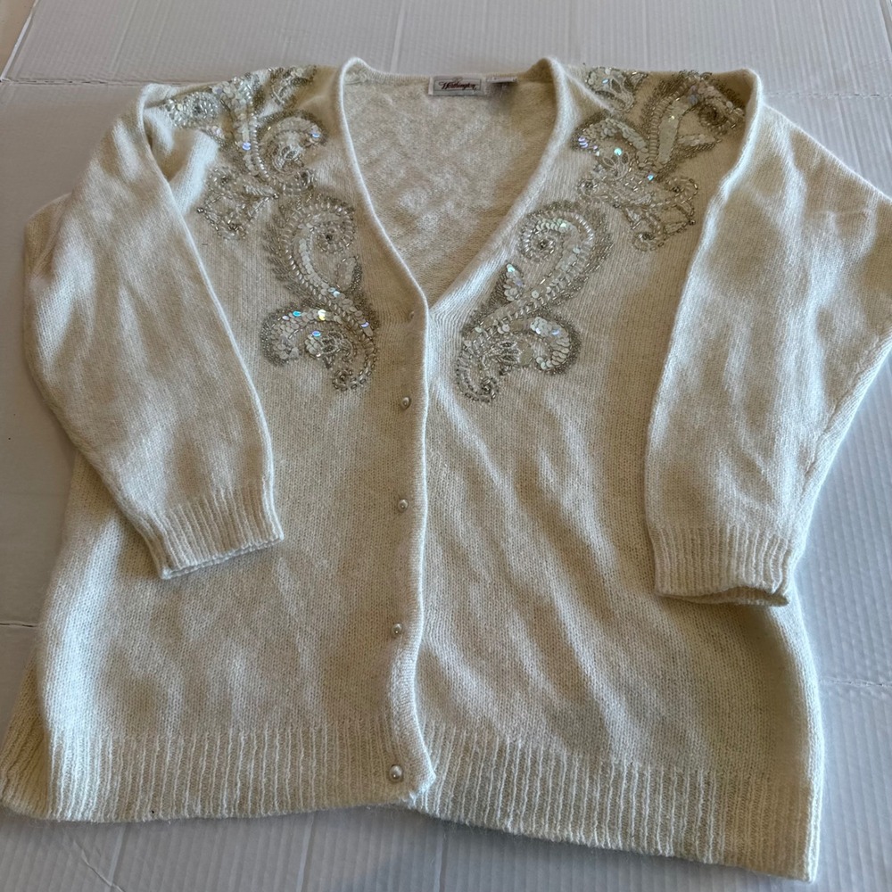 Vtg Worthington Silk Angora Wool Beaded Sequin V Neck Cardigan Sweater Medium